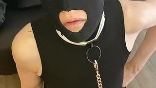 Spouse slave training with leash and dildo