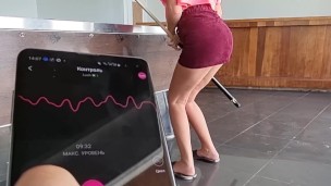 I control her pussy in public with a lovense lush – she moans and is embarassed