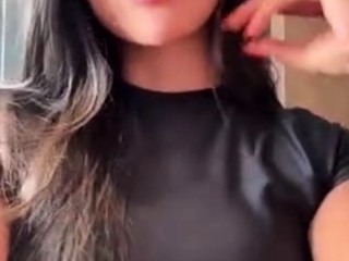 Busty curly brunette with big boobs fucks on couch