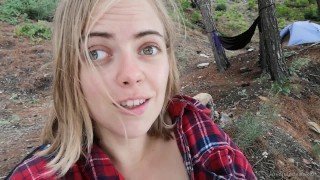 Risky pussy play and creamy cum in the camp near the precipice! Can you stand the power of storm?